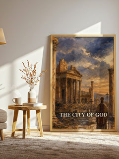 The City of God watercolour print in frame leaning in hallway – philosophy wall art