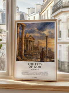 The City of God bookish print in frame leaning in hallway – philosophy wall art