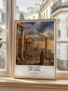 The City of God book cover print in frame leaning in hallway – philosophy wall art