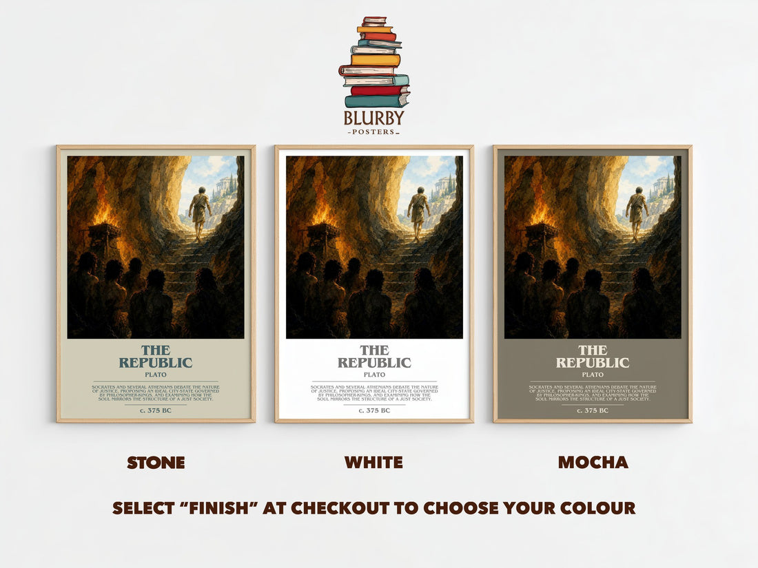The Republic bookish print framed by window – Stone, White and Mocha side by side – choose your colour