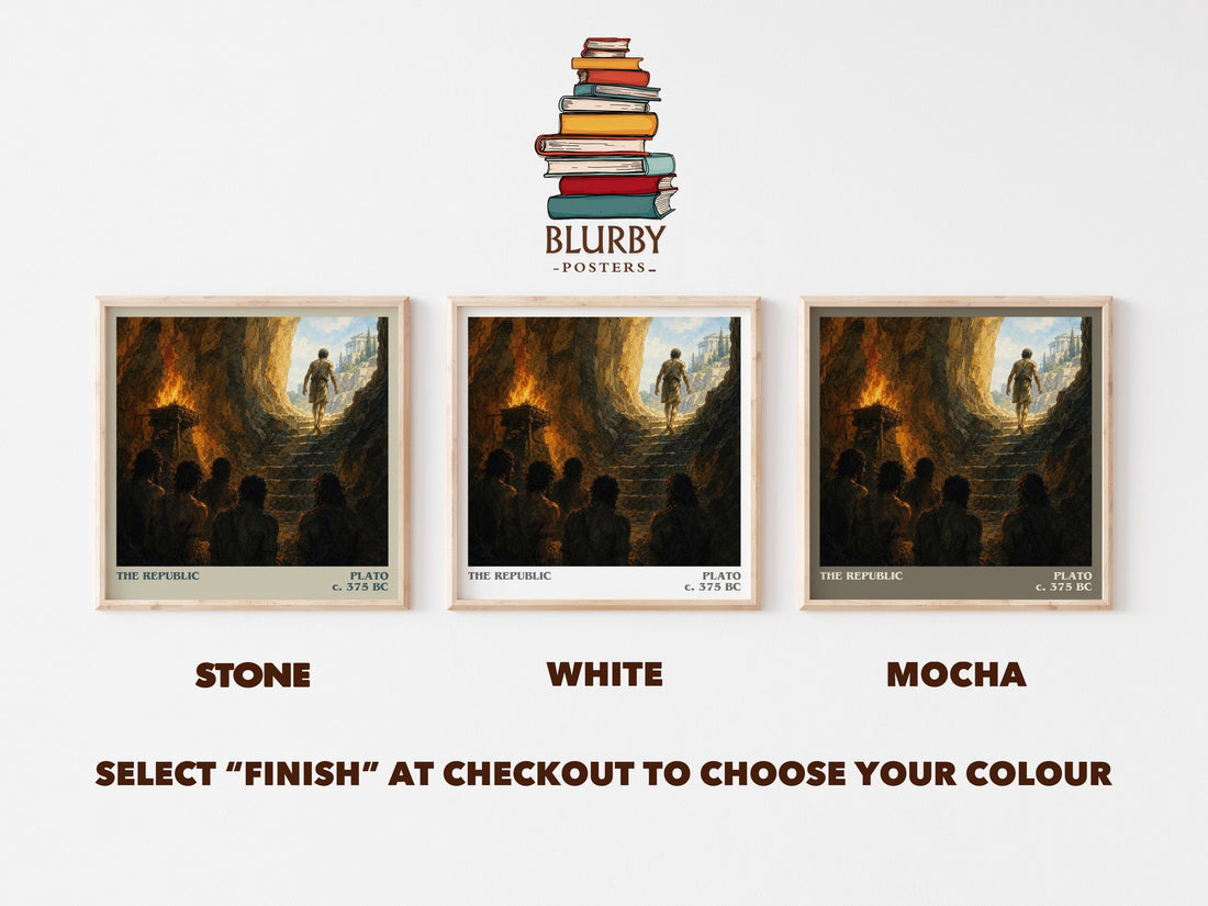 The Republic literary print framed by window – Stone, White and Mocha square prints side by side – choose your colour