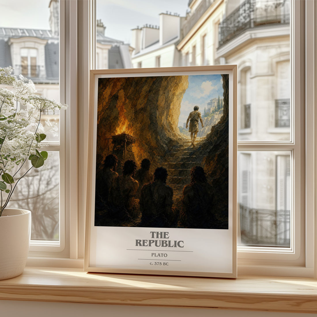 The Republic book cover print in frame leaning in hallway – philosophy wall art