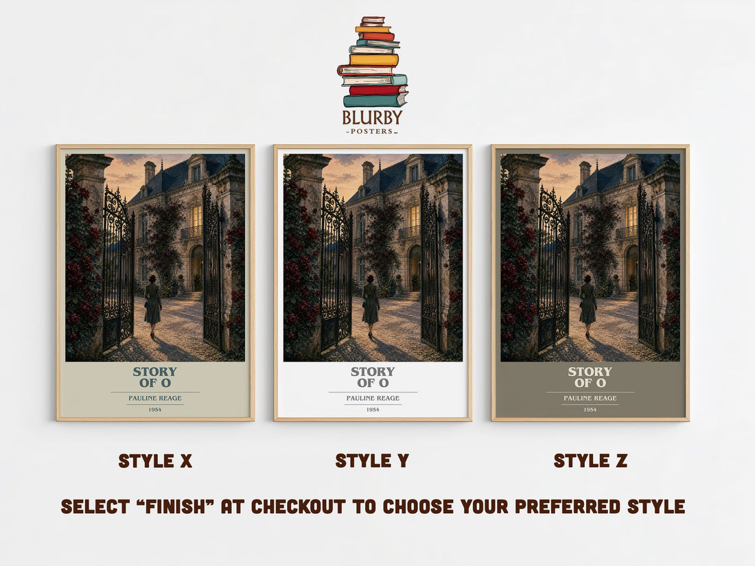 Story of O book cover print in frame leaning in hallway – literary fiction wall art (mockup)
