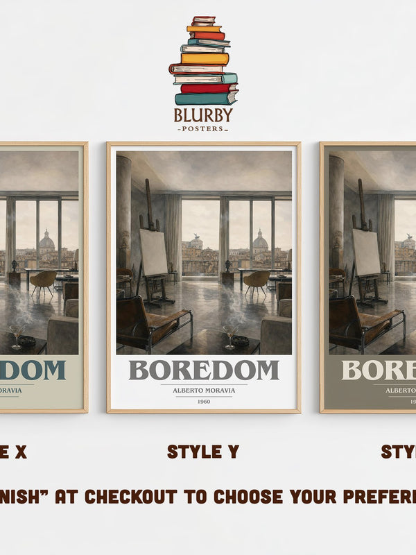 Boredom book cover print in frame leaning in hallway – literary fiction wall art