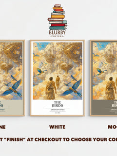 The Birds book cover print framed by window – Stone, White and Mocha side by side – choose your colour