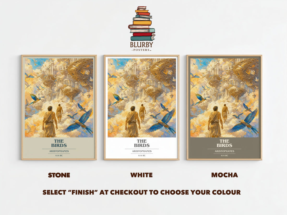 The Birds book cover print framed by window – Stone, White and Mocha side by side – choose your colour