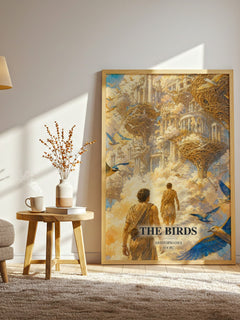 The Birds watercolour print in frame leaning in hallway – satire wall art
