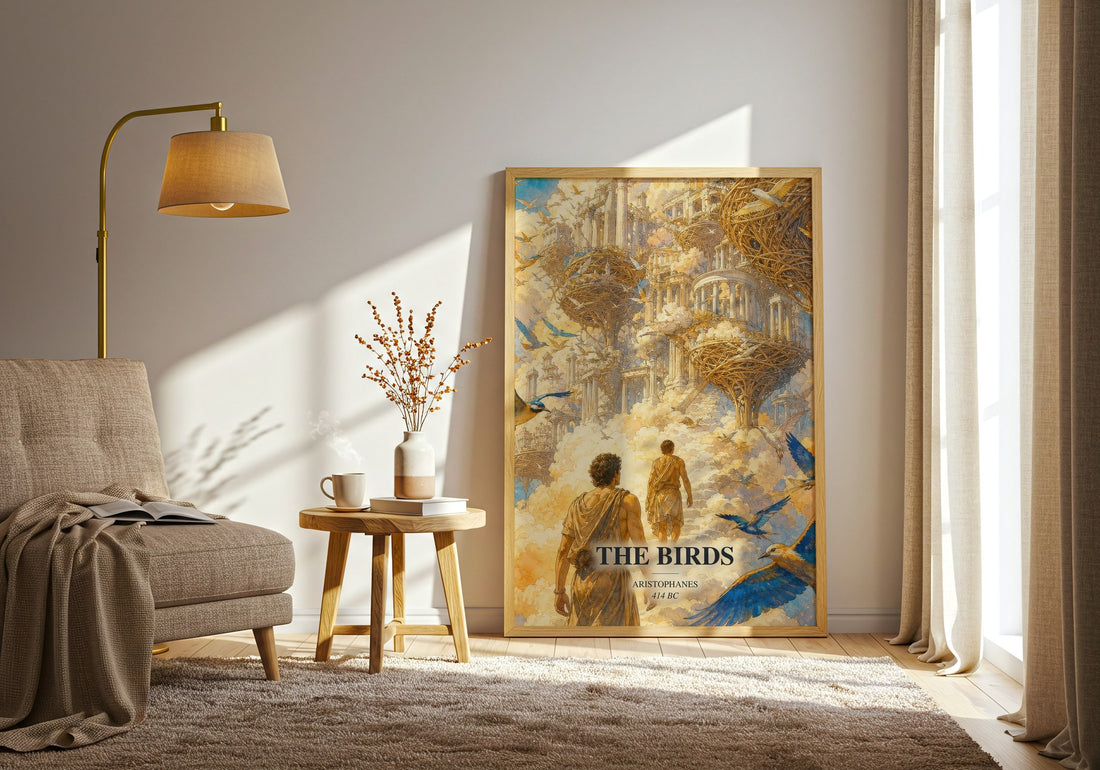 The Birds watercolour print in frame leaning in hallway – satire wall art