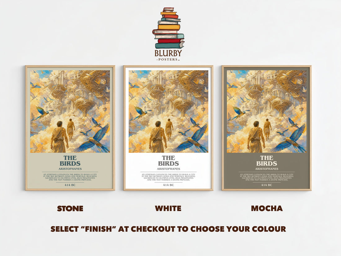 The Birds bookish print framed by window – Stone, White and Mocha side by side – choose your colour