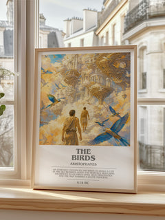 The Birds bookish print in frame leaning in hallway – satire wall art