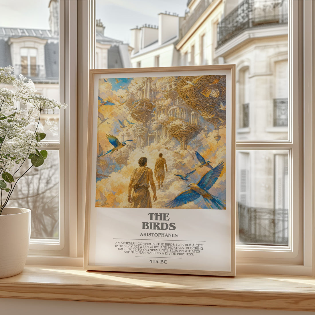 The Birds bookish print in frame leaning in hallway – satire wall art