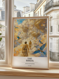 The Birds book cover print in frame leaning in hallway – satire wall art
