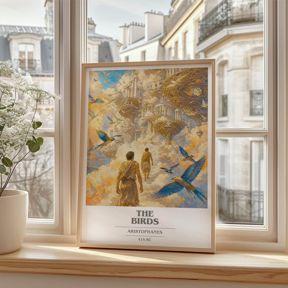 The Birds book cover print in frame leaning in hallway – satire wall art