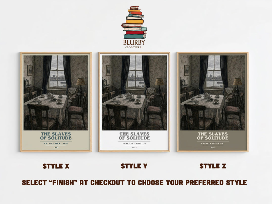 The Slaves of Solitude book cover print in frame leaning in hallway – literary fiction wall art (mockup)