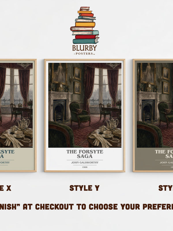 The Forsyte Saga book cover print in frame leaning in hallway – classic literature wall art
