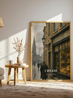 Cheese watercolour print in frame leaning in hallway – satire wall art