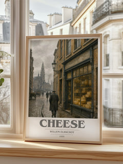 Cheese book cover print in frame leaning in hallway – satire wall art