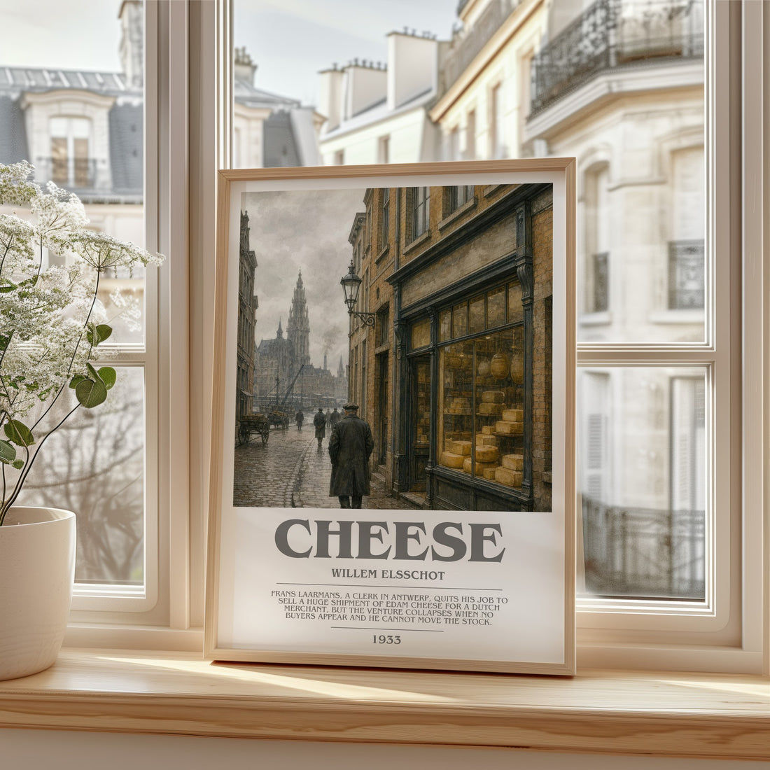 Cheese bookish print in frame leaning in hallway – satire wall art
