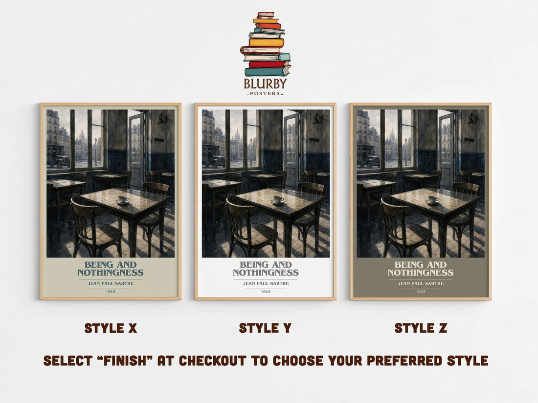 Being and Nothingness book cover print in frame leaning in hallway – philosophy wall art (mockup)