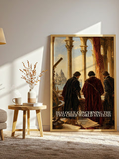 Dialogue Concerning the Two Chief World Systems watercolour print in frame leaning in hallway – philosophy wall art