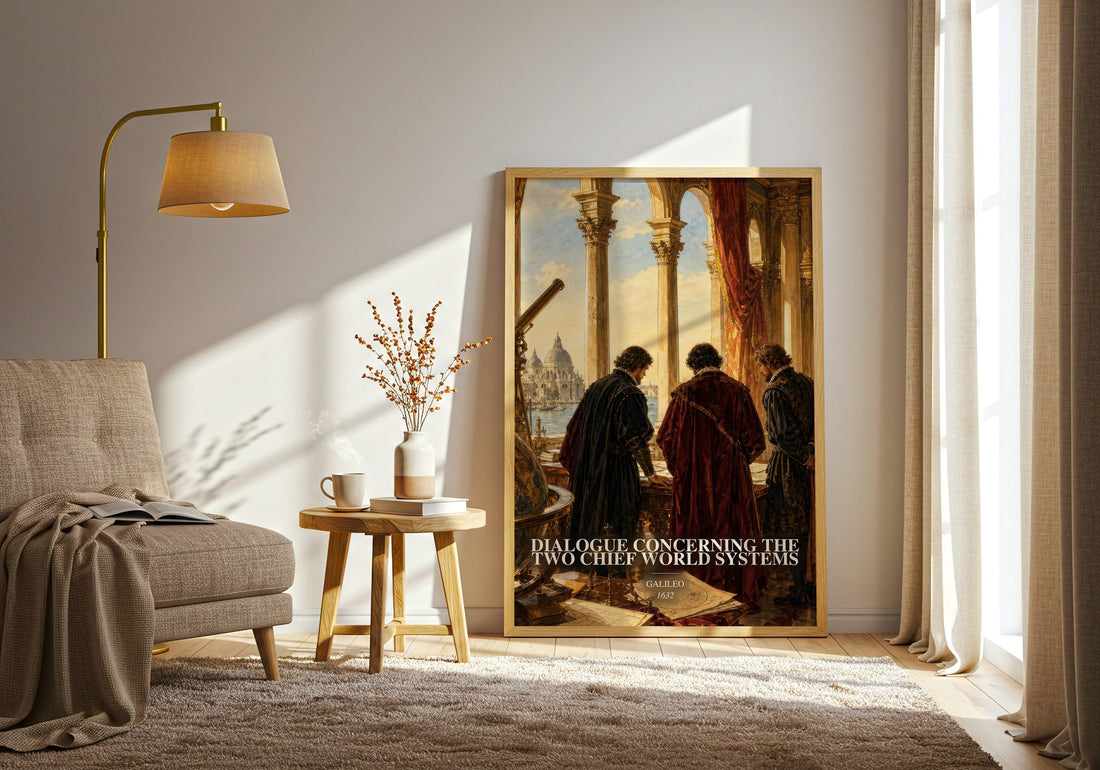 Dialogue Concerning the Two Chief World Systems watercolour print in frame leaning in hallway – philosophy wall art
