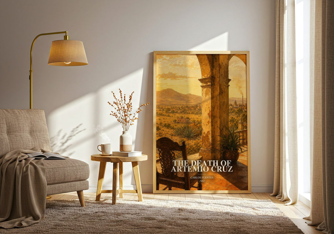 The Death of Artemio Cruz watercolour print in frame leaning in hallway – literary fiction wall art