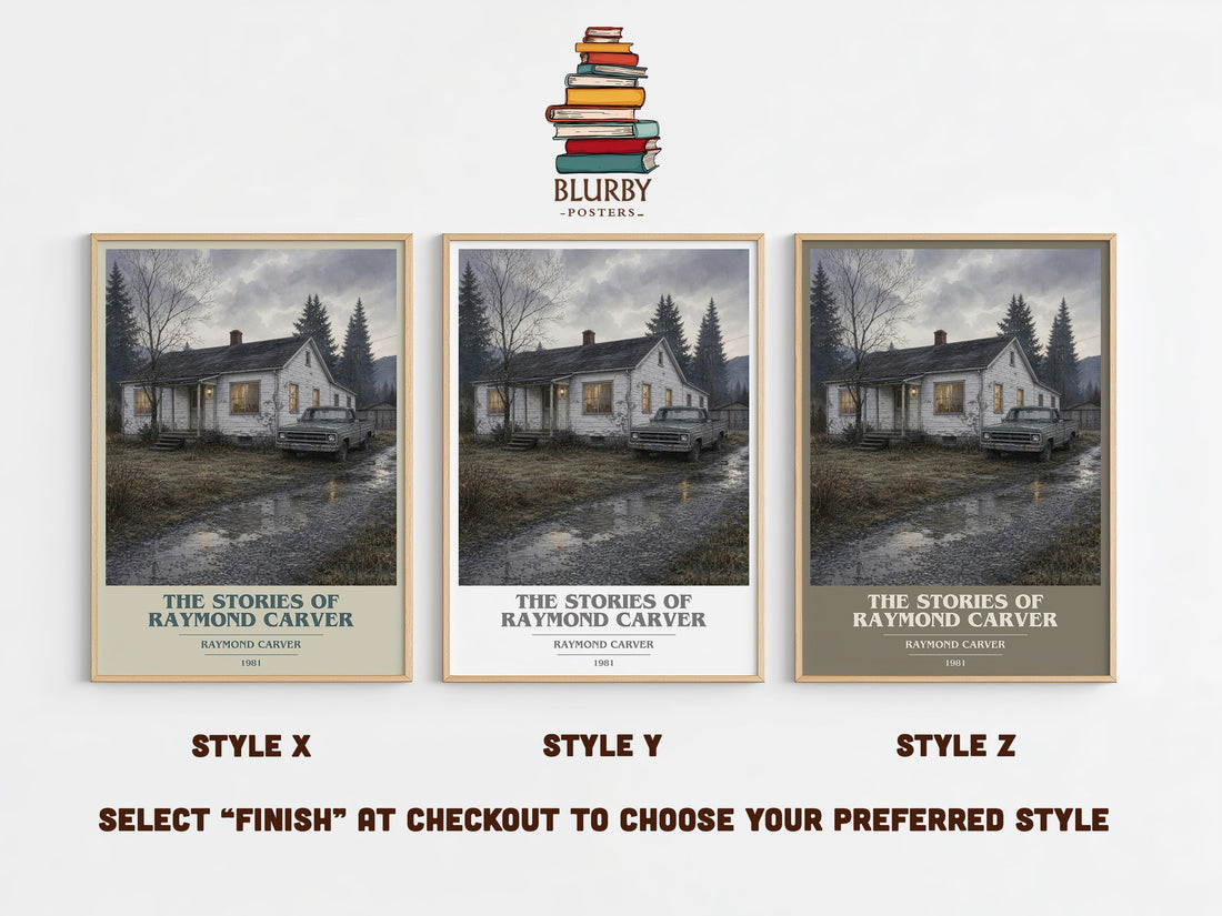 The Stories of Raymond Carver book cover print in frame leaning in hallway – literary fiction wall art (mockup)