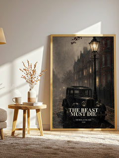 The Beast Must Die watercolour print in frame leaning in hallway – crime wall art