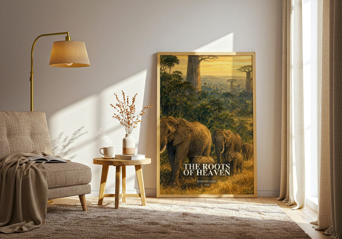 The Roots of Heaven watercolour print in frame leaning in hallway – literary fiction wall art