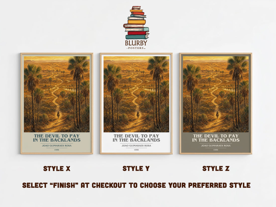 The Devil to Pay in the Backlands book cover print in frame leaning in hallway – literary fiction wall art (mockup)