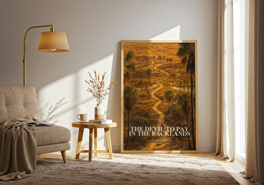 The Devil to Pay in the Backlands watercolour print in frame leaning in hallway – literary fiction wall art