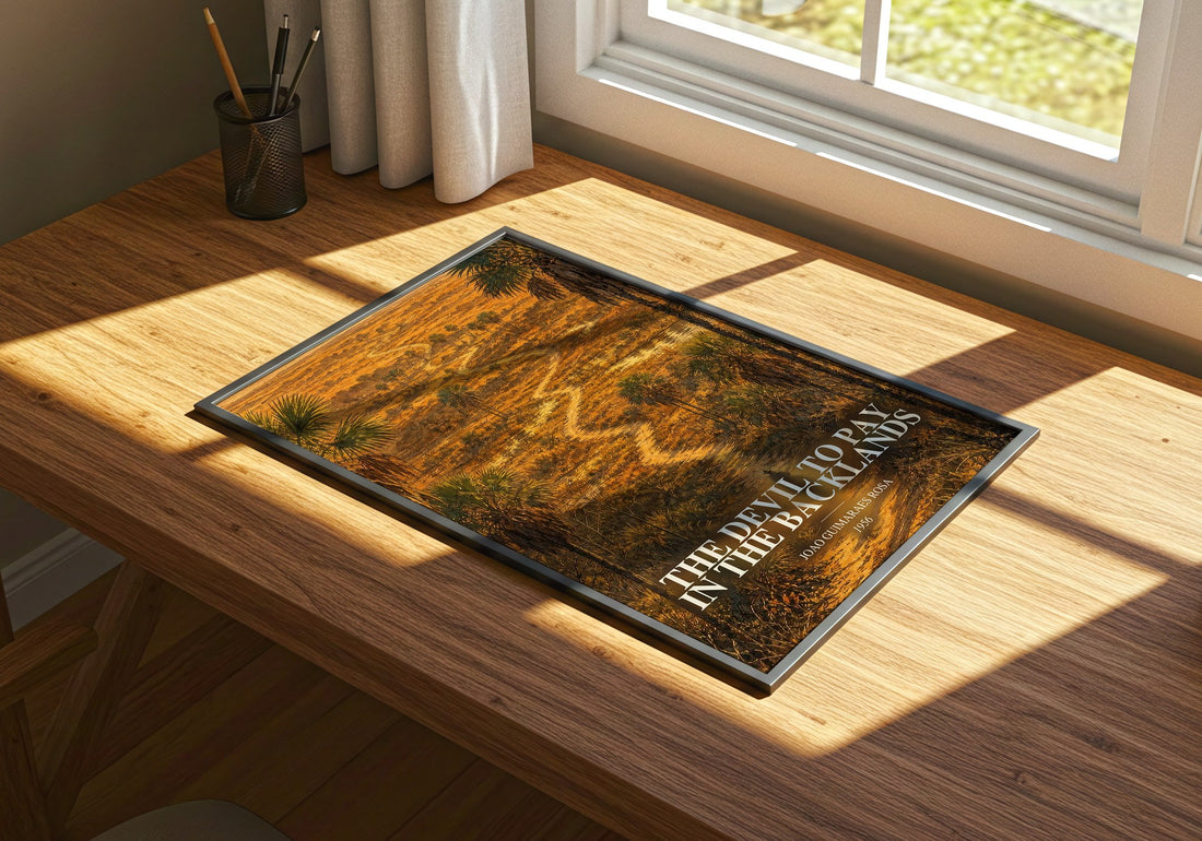 The Devil to Pay in the Backlands watercolour book poster framed on wall – literary fiction wall art