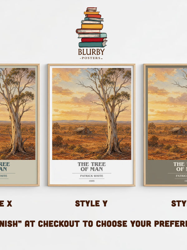 The Tree of Man book cover print in frame leaning in hallway – literary fiction wall art
