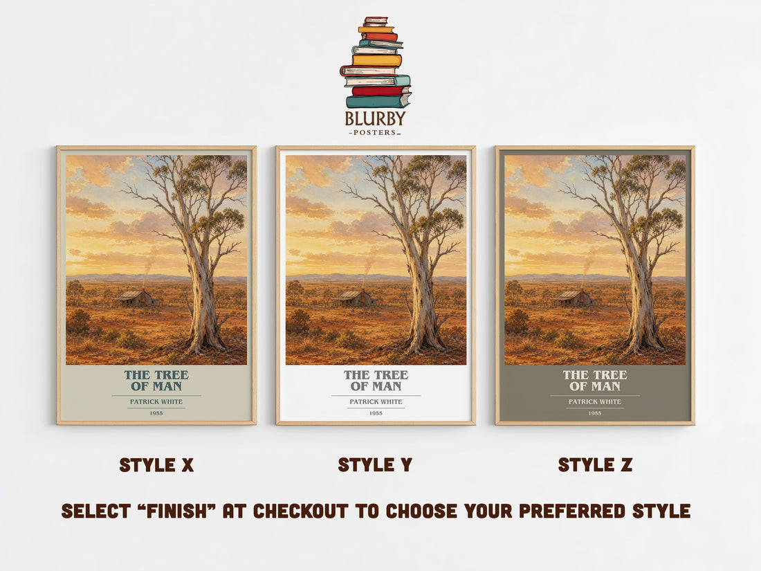 The Tree of Man book cover print in frame leaning in hallway – literary fiction wall art (mockup)
