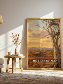 The Tree of Man watercolour print in frame leaning in hallway – literary fiction wall art