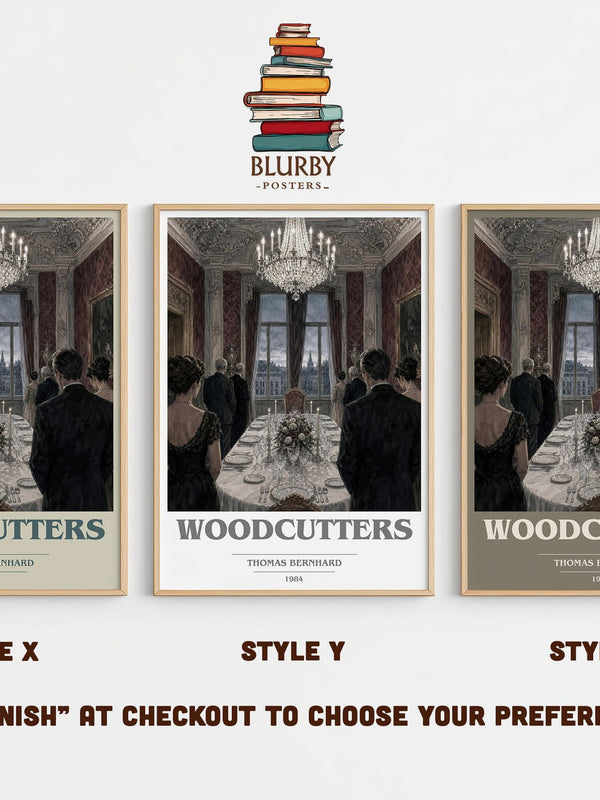 Woodcutters book cover print in frame leaning in hallway – literary fiction wall art