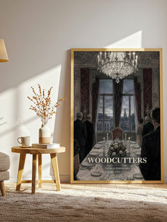 Woodcutters watercolour print in frame leaning in hallway – literary fiction wall art