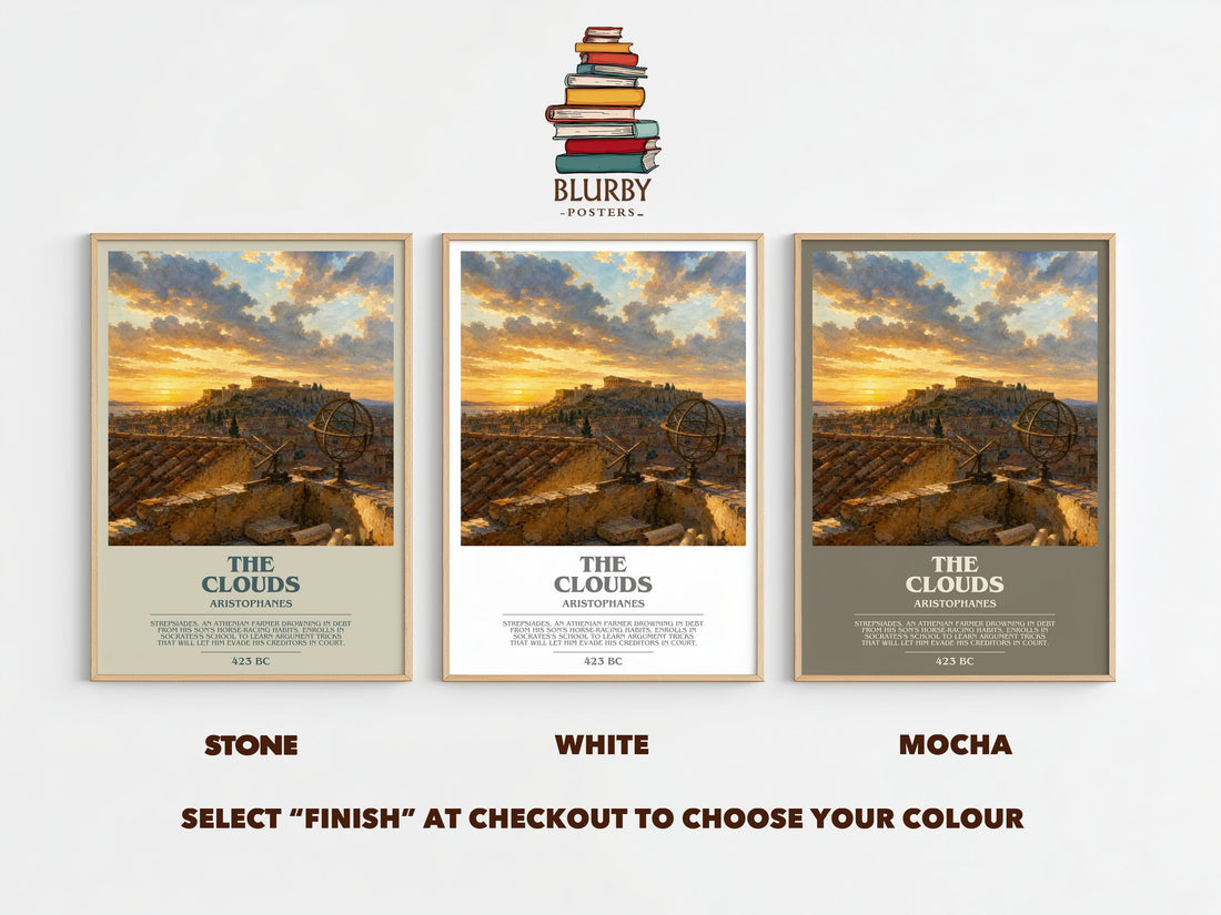 The Clouds bookish print framed by window – Stone, White and Mocha side by side – choose your colour