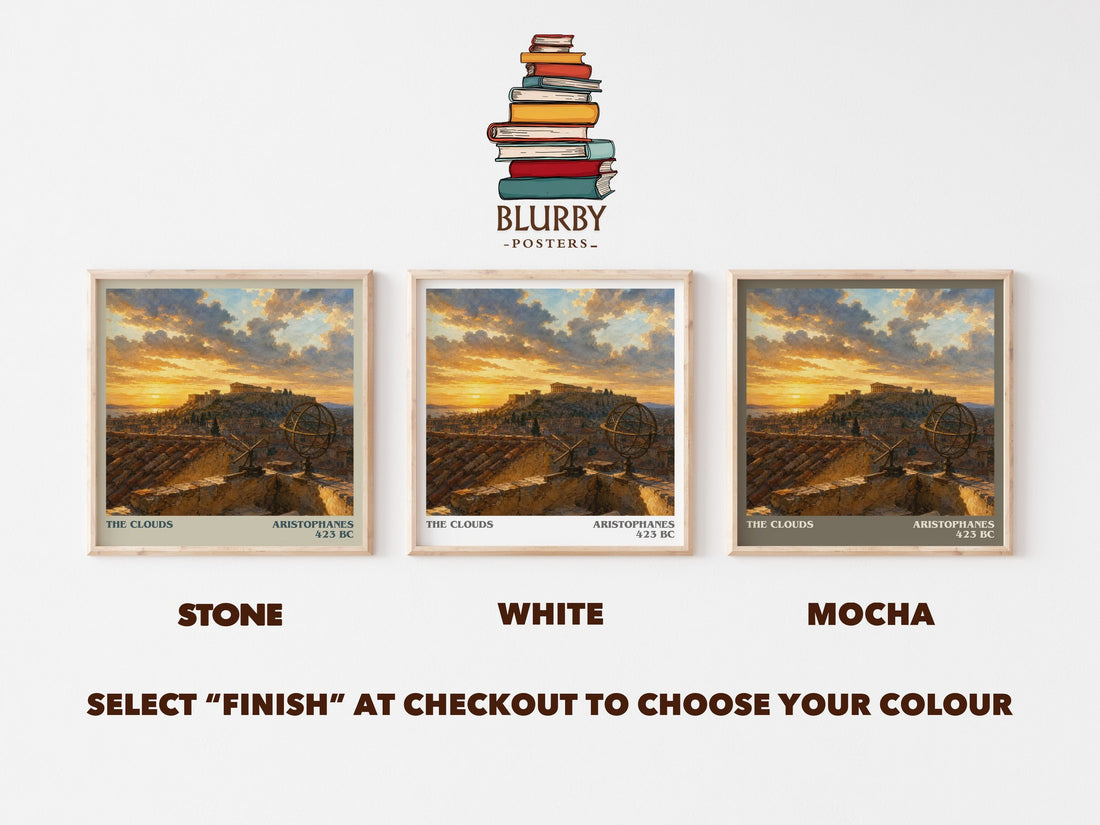 The Clouds literary print framed by window – Stone, White and Mocha square prints side by side – choose your colour