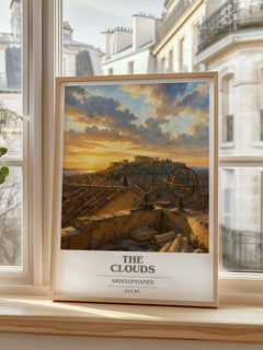 The Clouds book cover print in frame leaning in hallway – classic literature wall art