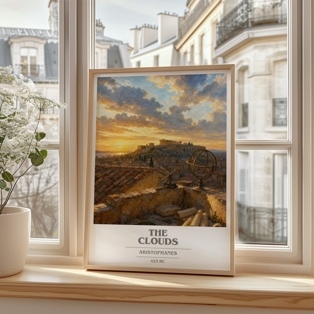 The Clouds book cover print in frame leaning in hallway – classic literature wall art