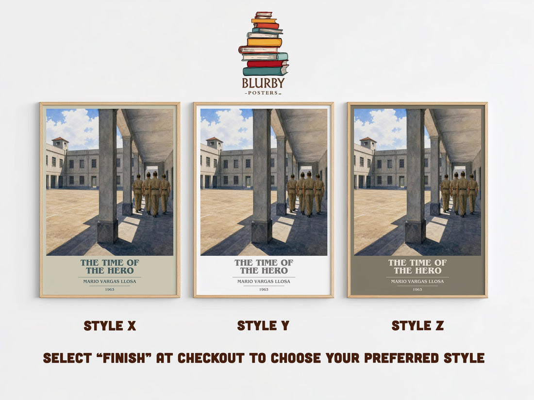 The Time of the Hero book cover print in frame leaning in hallway – literary fiction wall art (mockup)