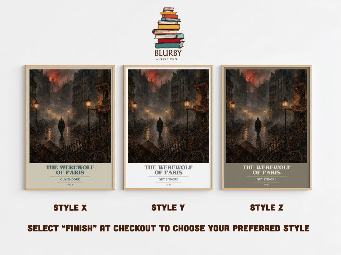 The Werewolf Of Paris book cover print in frame leaning in hallway – horror wall art (mockup)