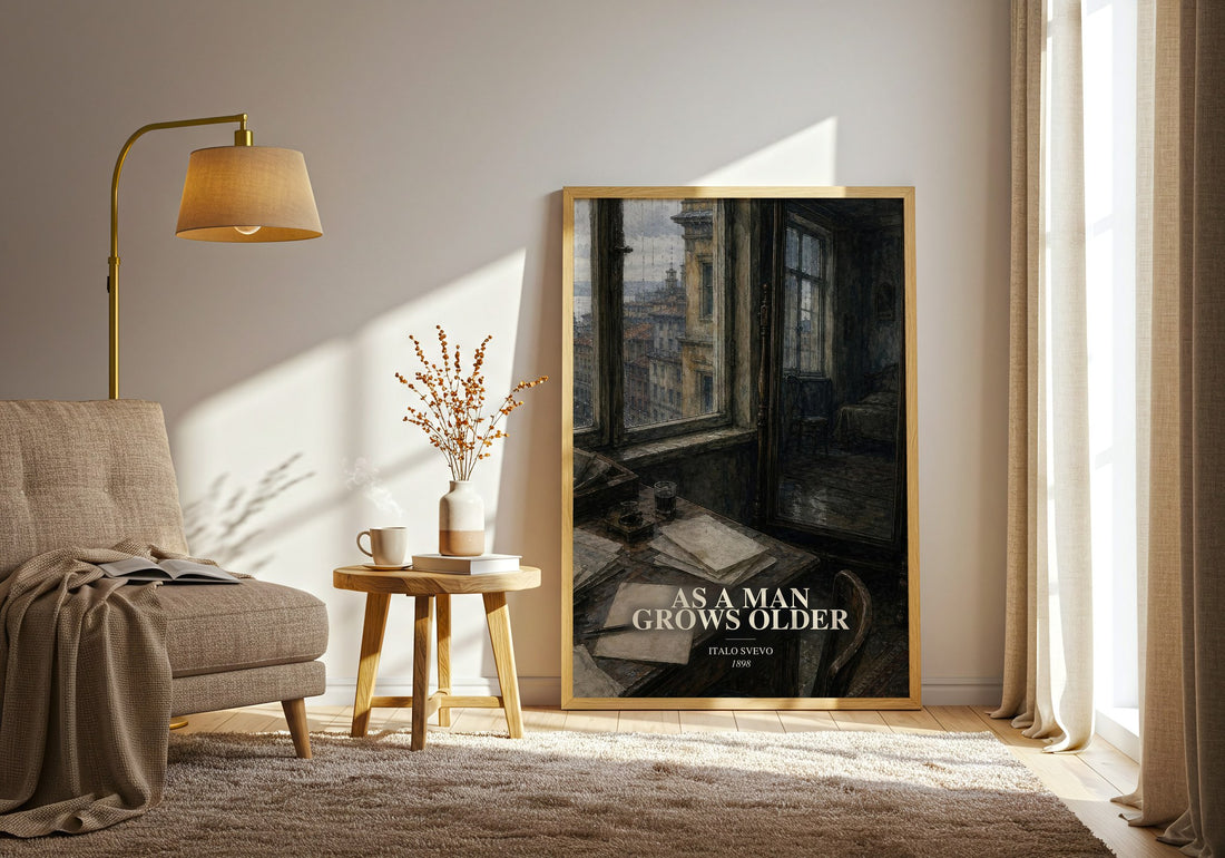 As A Man Grows Older watercolour print in frame leaning in hallway – literary fiction wall art