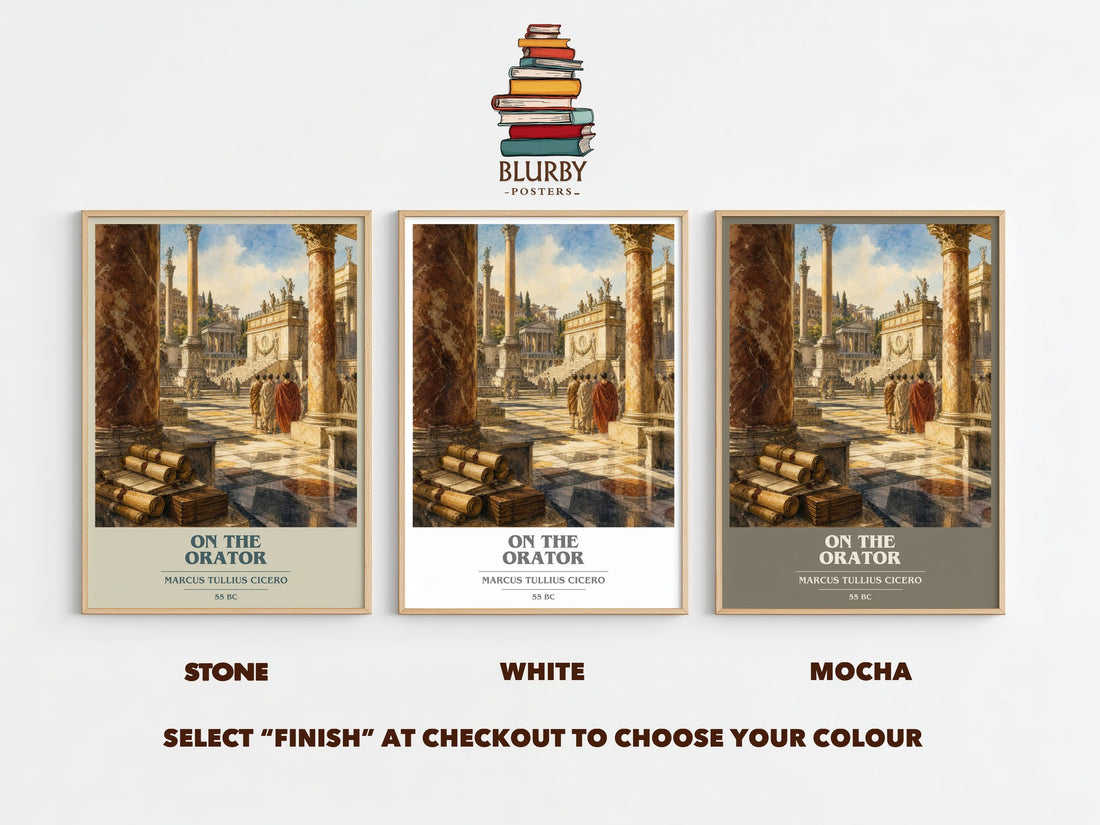 On The Orator book cover print framed by window – Stone, White and Mocha side by side – choose your colour