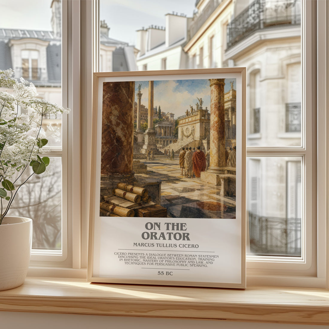 On The Orator bookish print in frame leaning in hallway – philosophy wall art