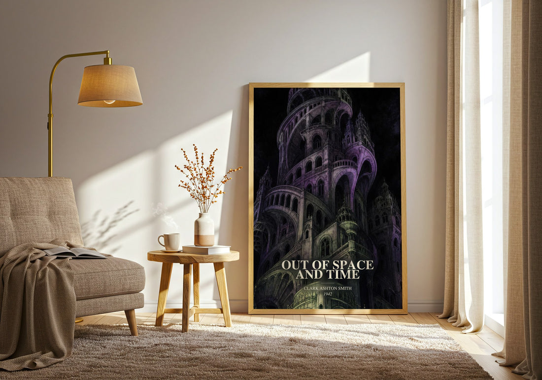 Out Of Space And Time watercolour print in frame leaning in hallway – horror wall art