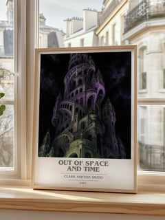 Out Of Space And Time book cover print in frame leaning in hallway – horror wall art