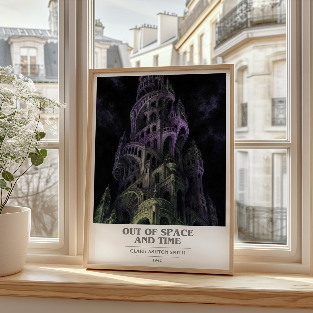 Out Of Space And Time book cover print in frame leaning in hallway – horror wall art
