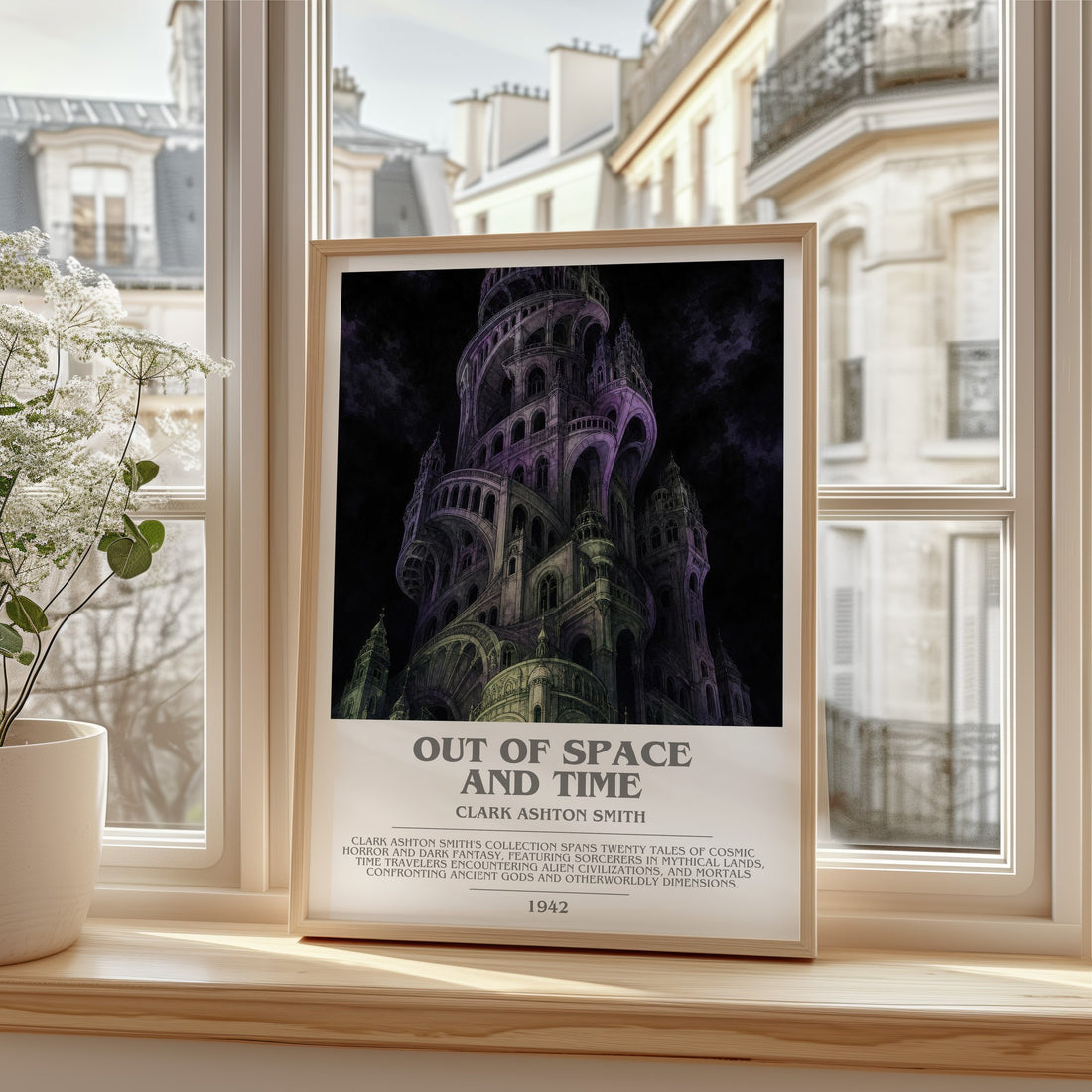Out Of Space And Time bookish print in frame leaning in hallway – horror wall art